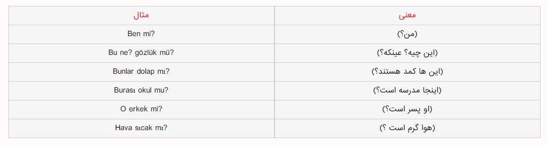 مثال پسوند سوالی زبان ترکی استانبولی