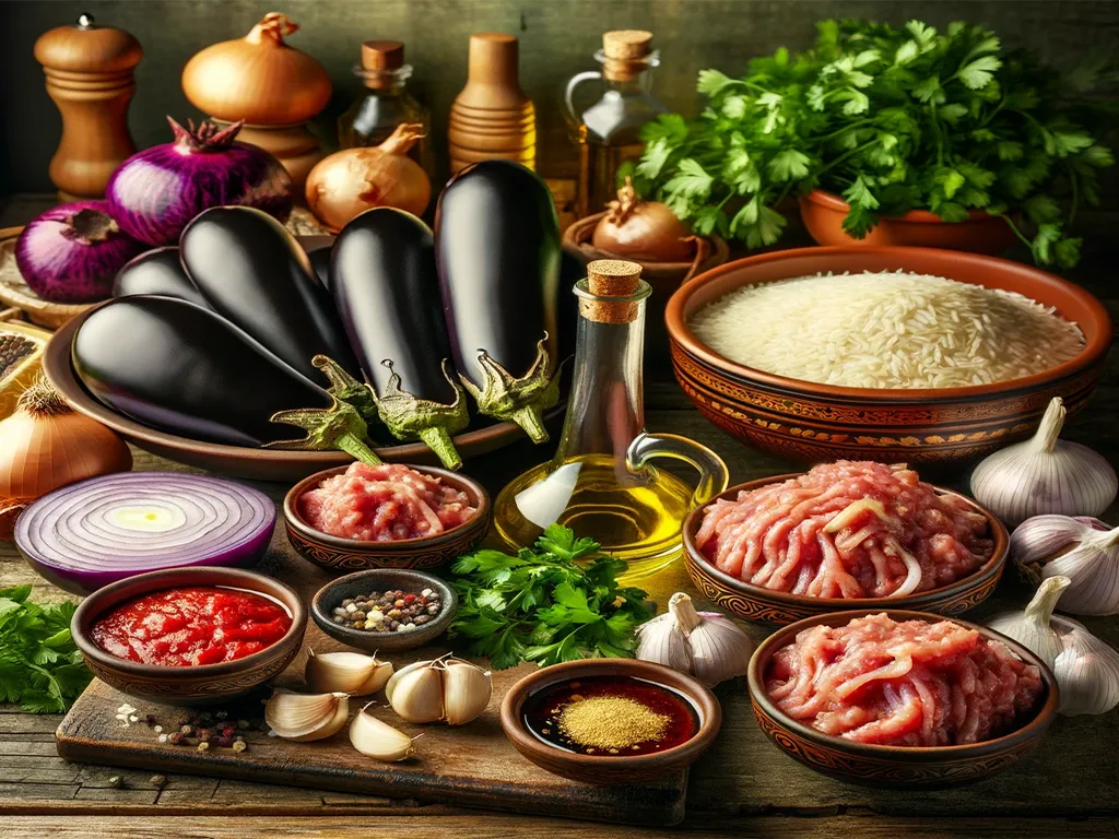 مواد لازم برای تهیه دلمه بادمجان خشک ترکی