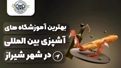 یک بشقاب که بهه سمت بالا پرتاب شده و نون باگت و دو ورق ژامبون هم به سمت بالا در پرتاب و شیشه روغن زیتون که مقداری روغن پاشیده بیرون و دونه های زیتون وی هوا آرم سایت بهترین آموزشگاه ها و موضوع مقاله